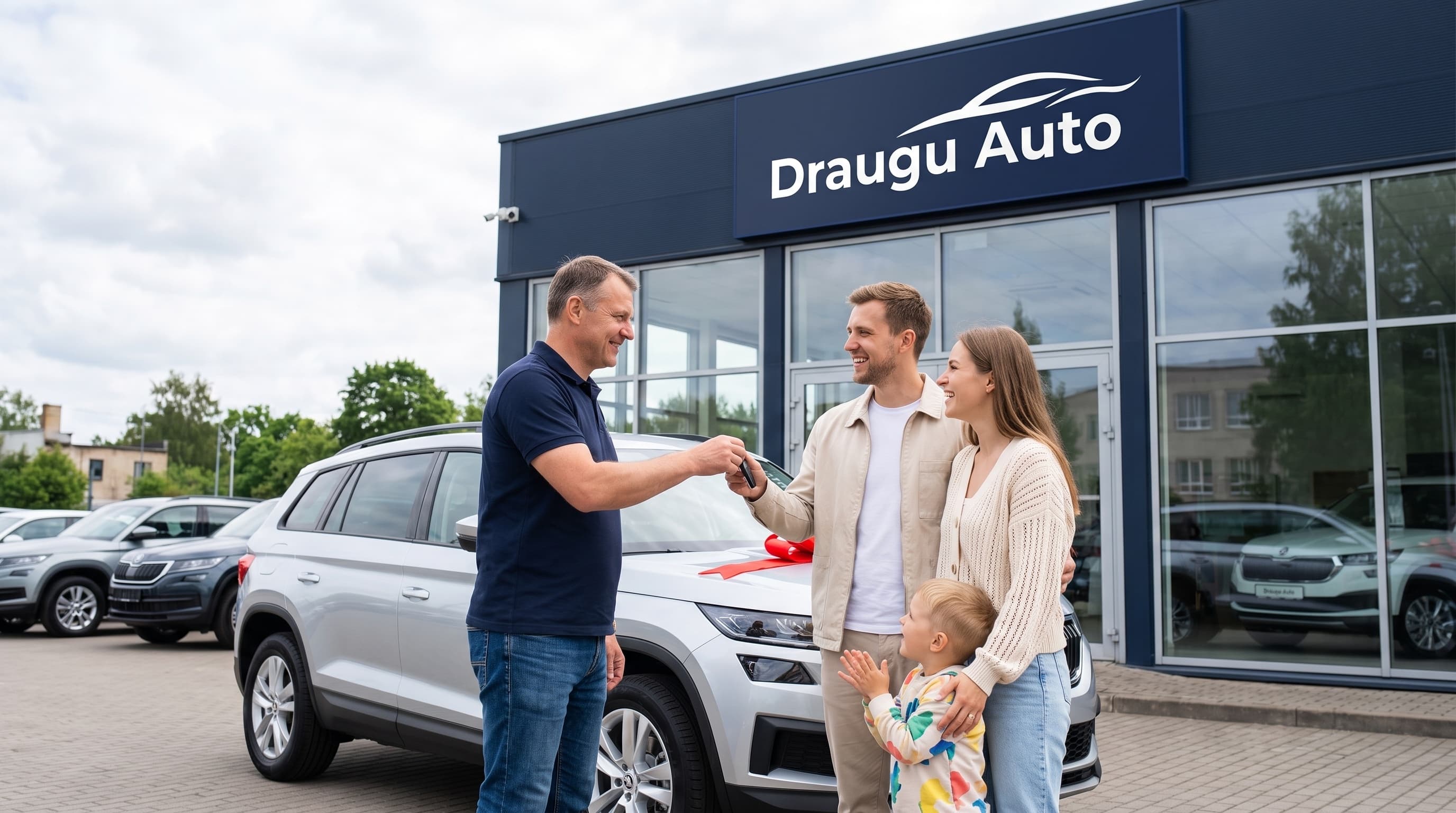 Draugu Auto pārdevējs nodod atslēgas laimīgai ģimenei pie salona